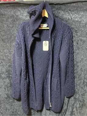 NWT! SAOL Ireland Navy Cable-Knit Zip Cardigan Sweater Hood Pockets XL